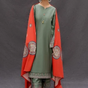 Women's Olive Green Embroidered Kurta Pajama Set - 4