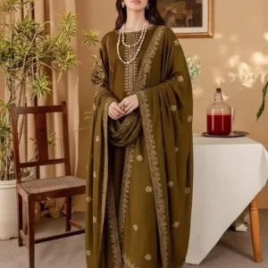 Women's Olive Green Embroidered Kurta Pajama Set - 5