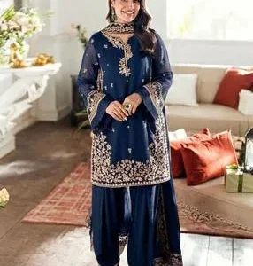 Blue Embroidered Kurta Pajama Set for Women - 2