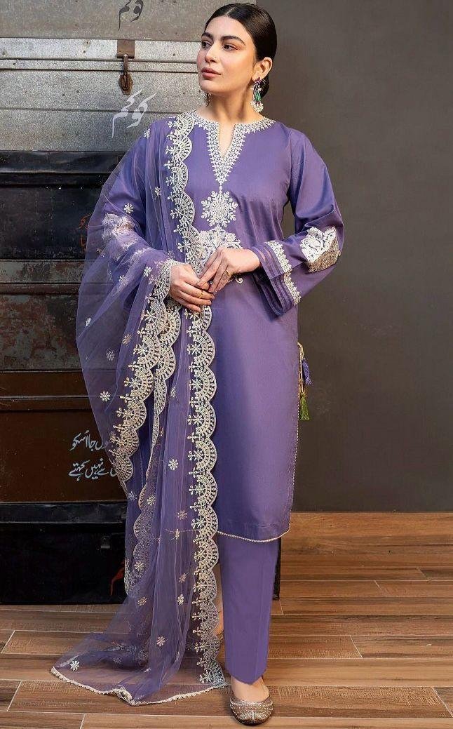 Purple Embroidered 3-Piece Lawn Suit for Women