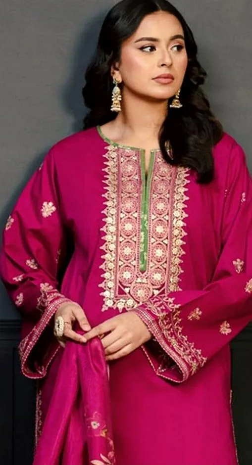 Women's Olive Green Embroidered Kurta Pajama Set -2 - Image 3
