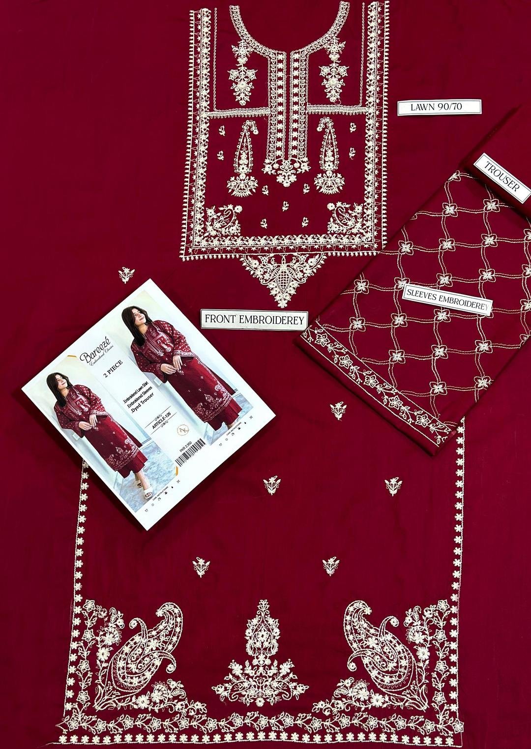 Red Embroidered Lawn Suit for Women Wedding Party Wear - Image 3