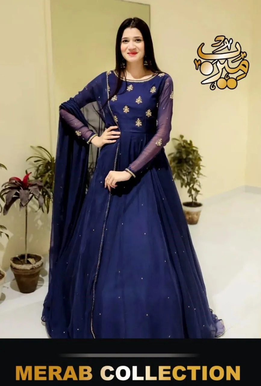 Blue Chiffon Maxi Set with Pearls & Lace Dupatta - Image 3