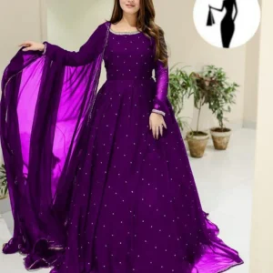purple Chiffon Maxi Set with Pearls & Lace Dupatta