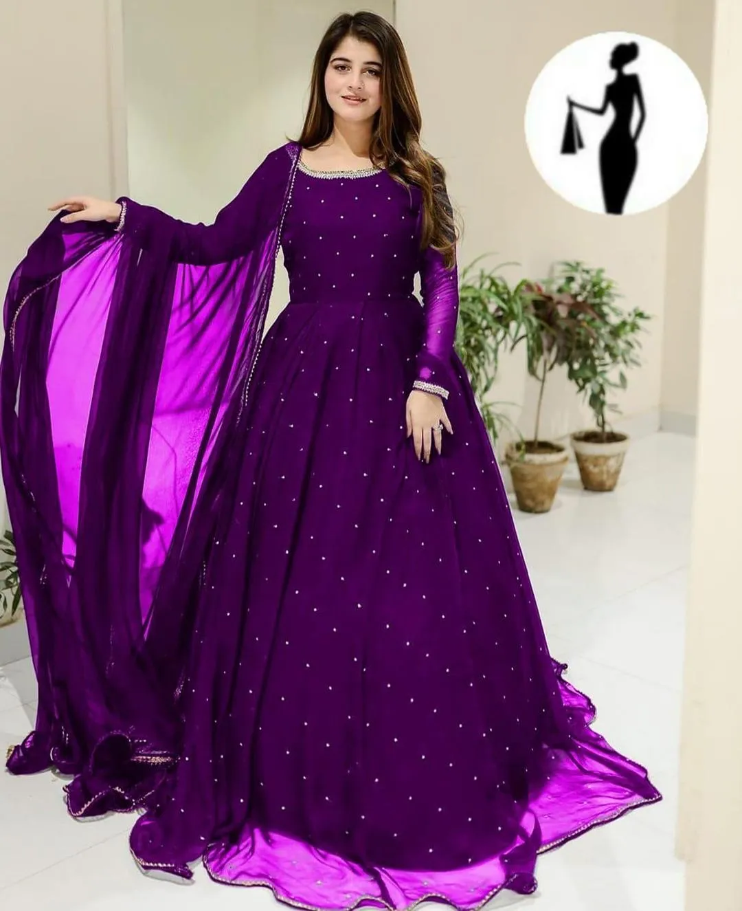 purple Chiffon Maxi Set with Pearls & Lace Dupatta