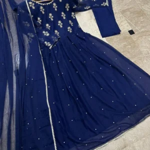 Blue Chiffon Maxi Set with Pearls & Lace Dupatta