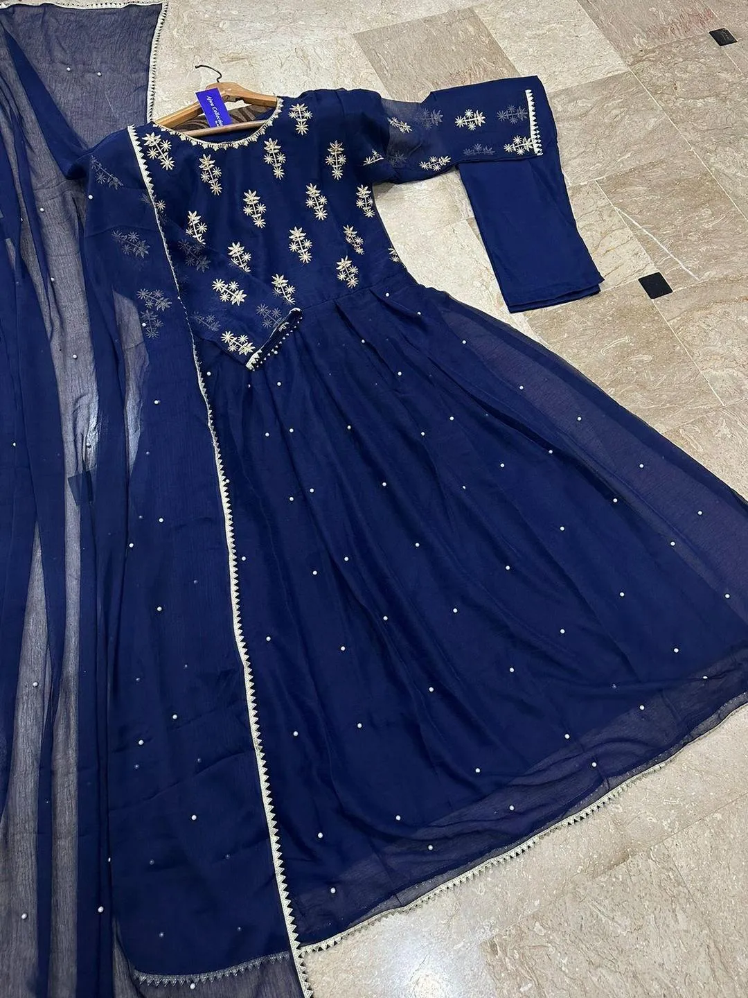 Blue Chiffon Maxi Set with Pearls & Lace Dupatta
