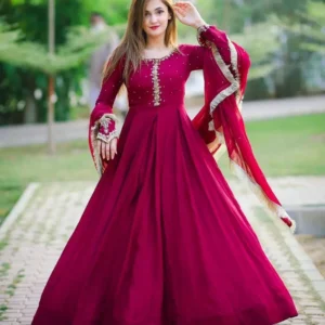 Red Chiffon Maxi Set with Pearls & Lace Dupatta