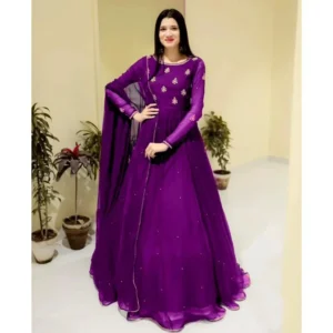purple Chiffon Maxi Set with Pearls & Lace Dupatta-2